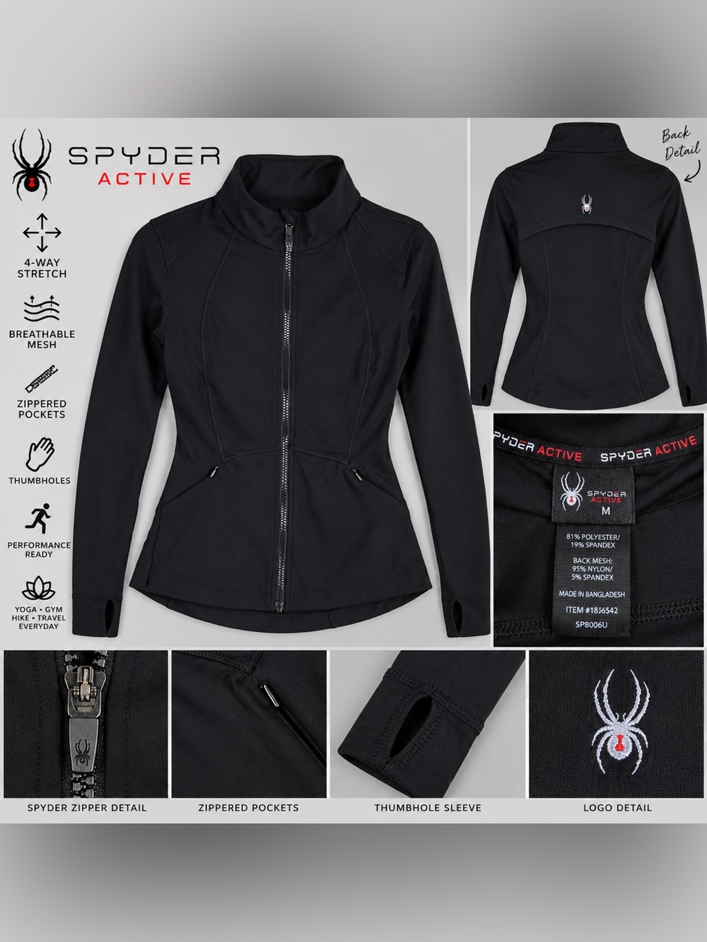Spyder Active Women’s Black Yoga Full Zip Jacket M Thumbholes Stretch